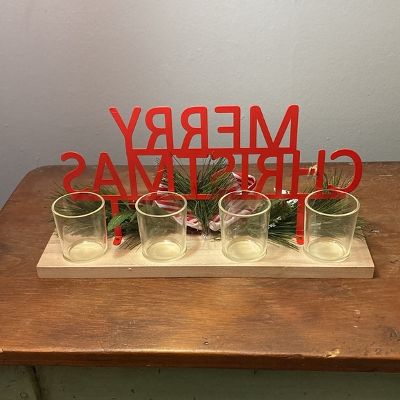 NWT- Red Metal MERRY CHRISTMAS- 4 Tier Wooden Glass LED Candle Holder Decoration - Picture 4 of 17